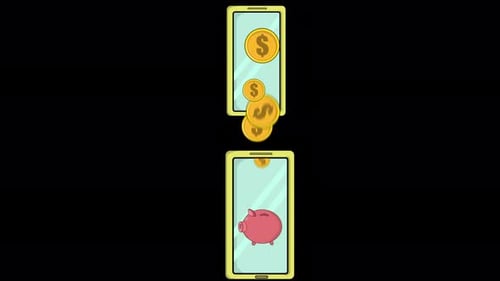 Monedas que caen de la pantalla superior del teléfono a una alcancía dentro del canal alfa 4K del teléfono inferior