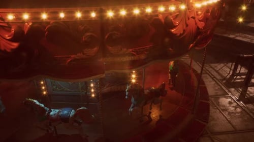 Nighttime Deserted Amusement Park with a Lit Carousel