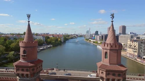 Summer day east west Berlin Border River Bridge Germany. Fantastic aerial top view flight overflight