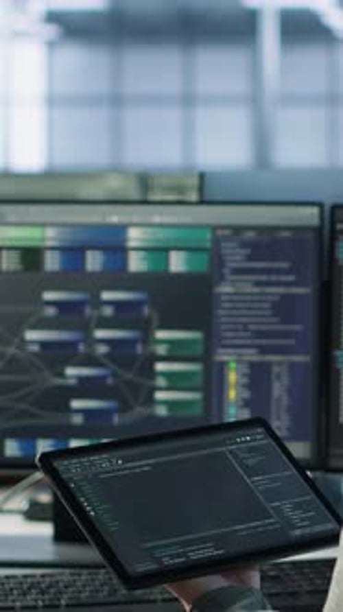 Technician Inspects Rackmounts in Server Room Using Artificial Intelligence Tech
