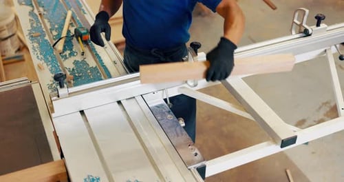 Workshop, construction and man with wood for manufacturing, measurement and planning