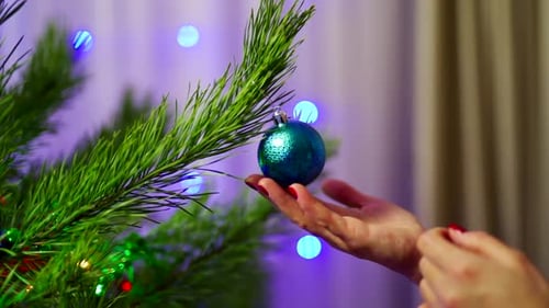 Woman holding Christmas ornament. Close up view of woman decorating Christmas tree with toys