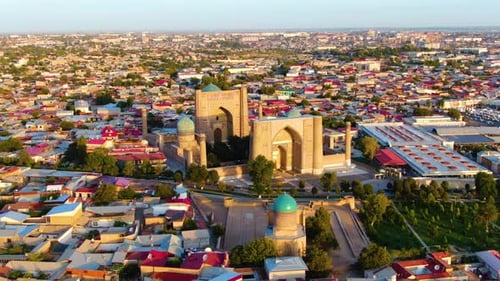 Bibi-Khanym Mosque And Mausoleum During Golden Hour In Ancient City Of Samarkand, Uzbekistan. - aer