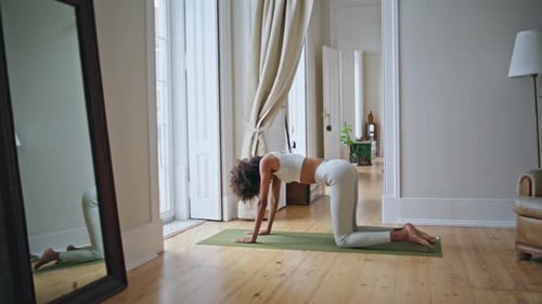 Woman Practices Yoga Routine in Bright Home Studio