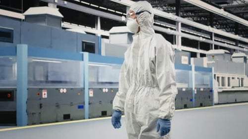 Technician Wearing Safety Gear Walks in Semiconductor Factory
