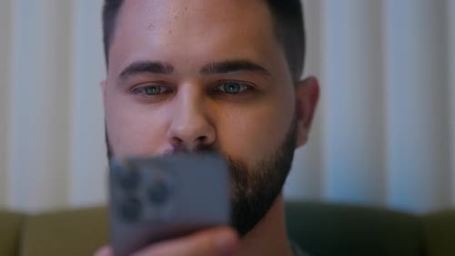 Close Up Caucasian Man Face Mobile Phone Smartphone Telephone Cellphone Gadget Online Internet Using
