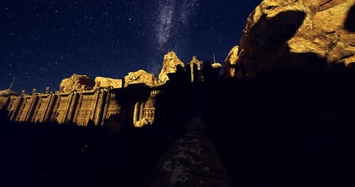Ancient Temple Ruins Under a Starry Sky in a Remote Location at Night