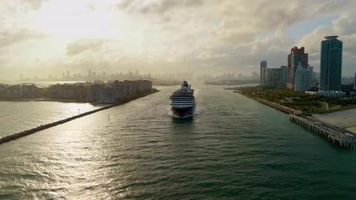 Large Cruise Liner Departing From Port Miami Wide Aerial View