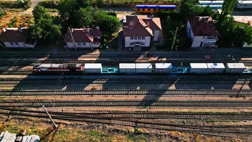 Vintage Train with Cargo Cars - Aerial View