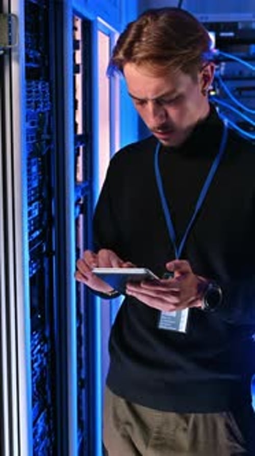 Technician Works on Tablet in a Blue-Lit Server Room