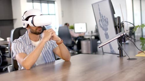 Man Using VR Headset in Modern Office