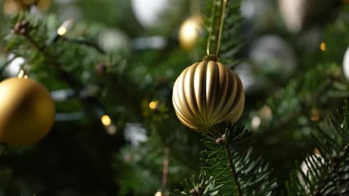 Christmas Tree Close Up with Gold Ornaments