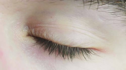 4K Cinematic slow motion macro shot of a green eye, with blue and brown flecks, opening and looking