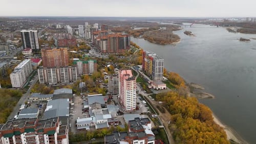 Drone View of New Modern Highrise Residential Complex Near Ob River in Autumn Day Aerial View of