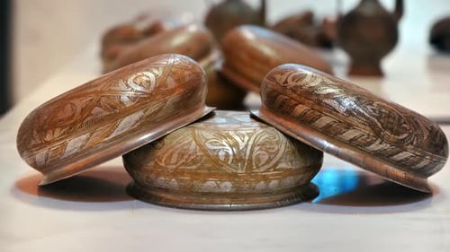Close view of vintage painted dishes in hamam museum in Istanbul, Turkey.
