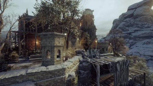 Abandoned Stone Bridge Leading to Old Crumbling Tower in Mountains