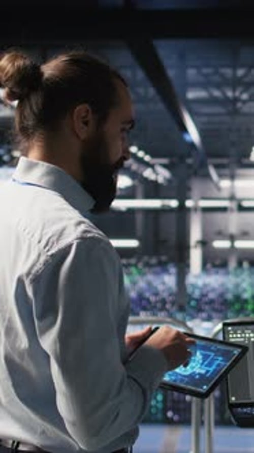 Vertical Video Data Center System Administrators Performing Maintenance on AI Supercomputers