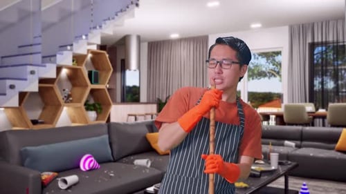 Asian Male Housekeeper Singing To The Sweeping Broom In House
