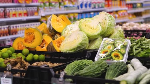 Distant View of Fresh Vegetables Displayed in a Supermarket