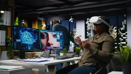 Woman Using VR Headset in Modern Office
