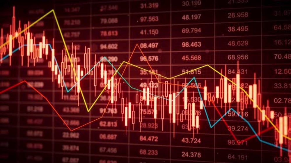 Looping 3D red candlestick chart with trend lines and grid numbers ...