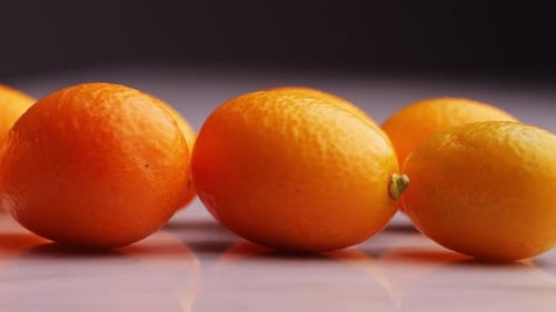 Ripe Kumquats with Vibrant Green Leaves Receiving Fresh Water Droplets Showcasing Natural Citrus