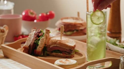 American Pastrami Sandwich with Ham Meet Cuts in Restaurant Cooking Famous Thick Cut Sous Vide Beef