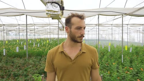 Young Man Walking in Flower Greenhouse