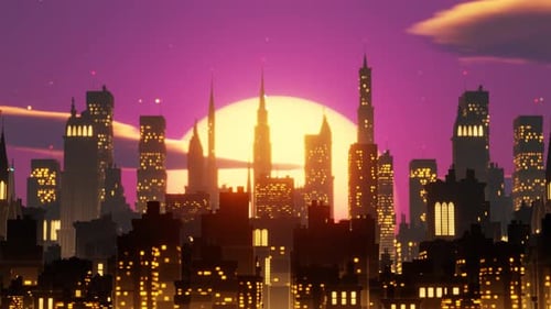 Retro Futuristic Grim City Side View Flythrough Seamless Loop