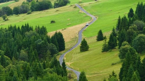 Car Driving on Winding Road Through Lush Green Countryside in Slovakia
