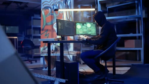 Hacker Working at Computer in Dark Room