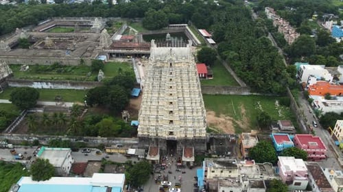 Aerial view of Hindu temple tower. Bird's-eye view of Sri Kanchi Kamakshi Amman Temple, Kanchipuram,