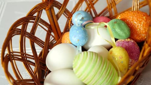 44 1. People put different Easter eggs in the basket. Celebrating Easter in the family. Easter games