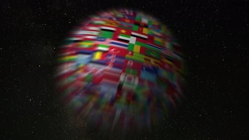 Global Connection: Rotating Earth Sphere with World Flags