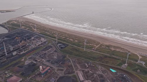 Drone panorama of toxic enterprise chimneys releasing exhaust pollution