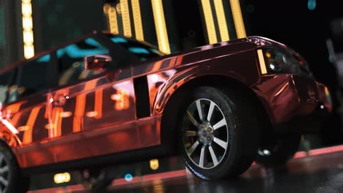 Red Car Turning in Dubai Nightscape – 3D Futuristic Scene