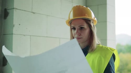 Young woman construction engineer inspecting building materials on site