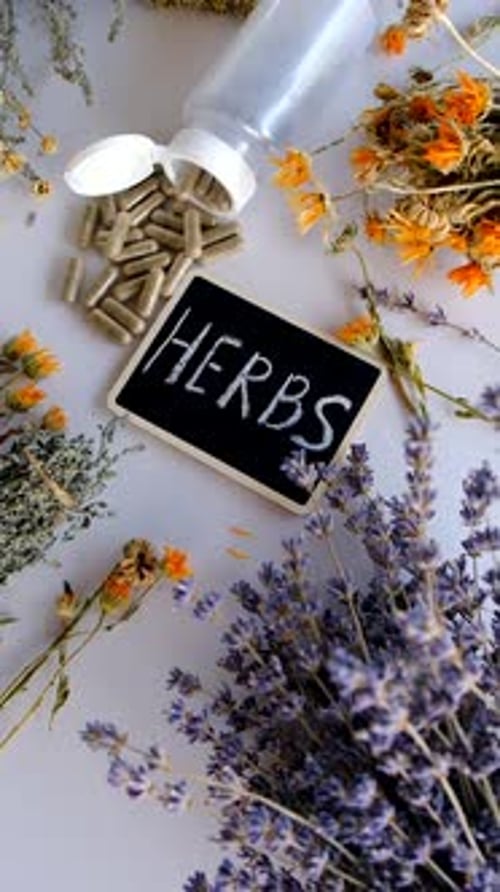 Dried Medicinal Herbs and Flowers Selective Focus