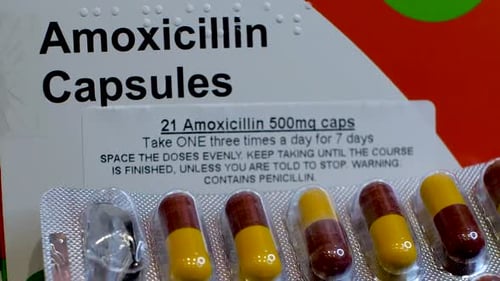 Amoxicillin Capsules Medication Box With Dosage Information. Shot, Pan Down Shot