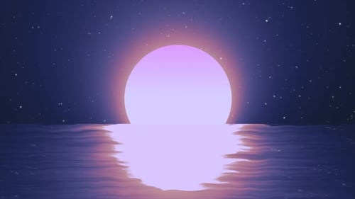 Abstract looped moon over water sea and horizon with reflections background