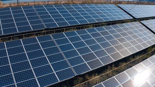 Sunlight green electricity production. Solar panel cells on energy power farm.