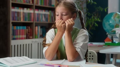 Scared Worried Anxious Caucasian Little Girl Fearful Frightened School Child Kid Nervous Pupil