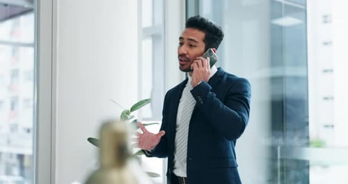 Phone call, communication and business man in office for planning, discussion and talking