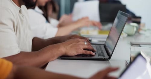 Computer, hands and person in classroom for studying, education or assignment at university