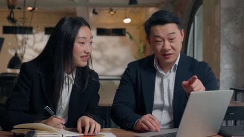 Two Asian Business Colleagues Corporate Coworkers Partners Korean Man Businessman Work Together
