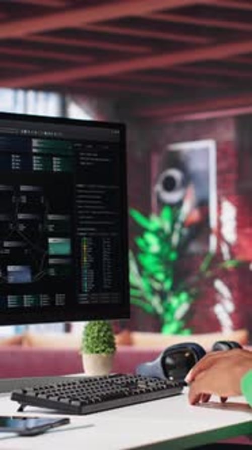 Vertical Video African American Man Looking at UI on PC Screen at Home Office