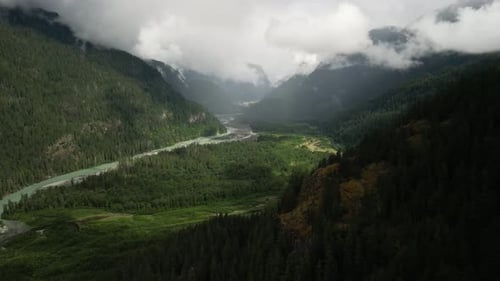 Aerial video of Southern Provincial Park with the Kitimat Ranges on the Squamish River Canada