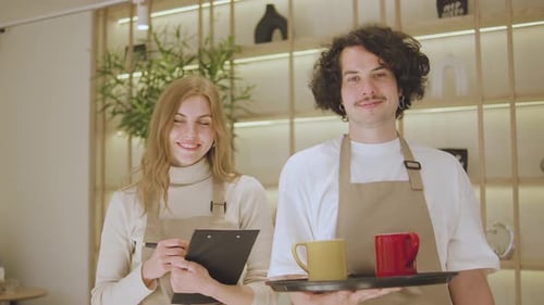 Smiling Cafe Workers Holding Tray and Clipboard