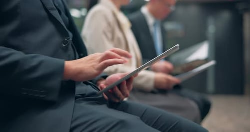 Businessman, tablet and hands typing in office for email, notification and update calendar app