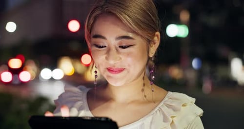 Tablet, city and Asian woman at night on internet for social networking, website and online website